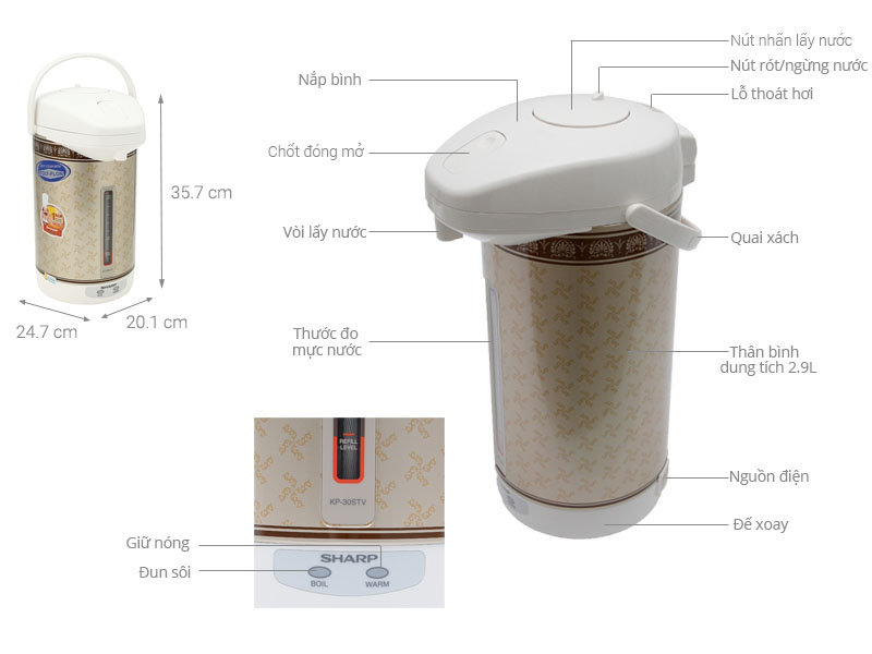Bình thủy điện Sharp KP-30STV RB 2.9 lít , Công suất 670W, Đế xoay 360 độ - Hàng chính hãng