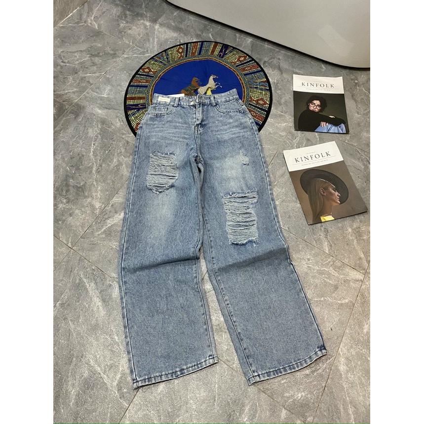 Quần Jeans Nữ Ống Rộng Rách 2 Gối Dáng Suông