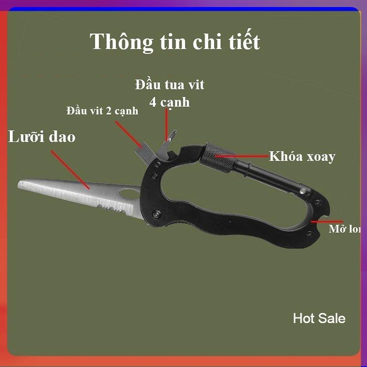 Móc khóa Carabiner hợp kim thép cao cấp đa năng 6 trong 1 gồm dao, 2 đầu tua vit đa năng, cạnh mở lon và khóa xoay chắc