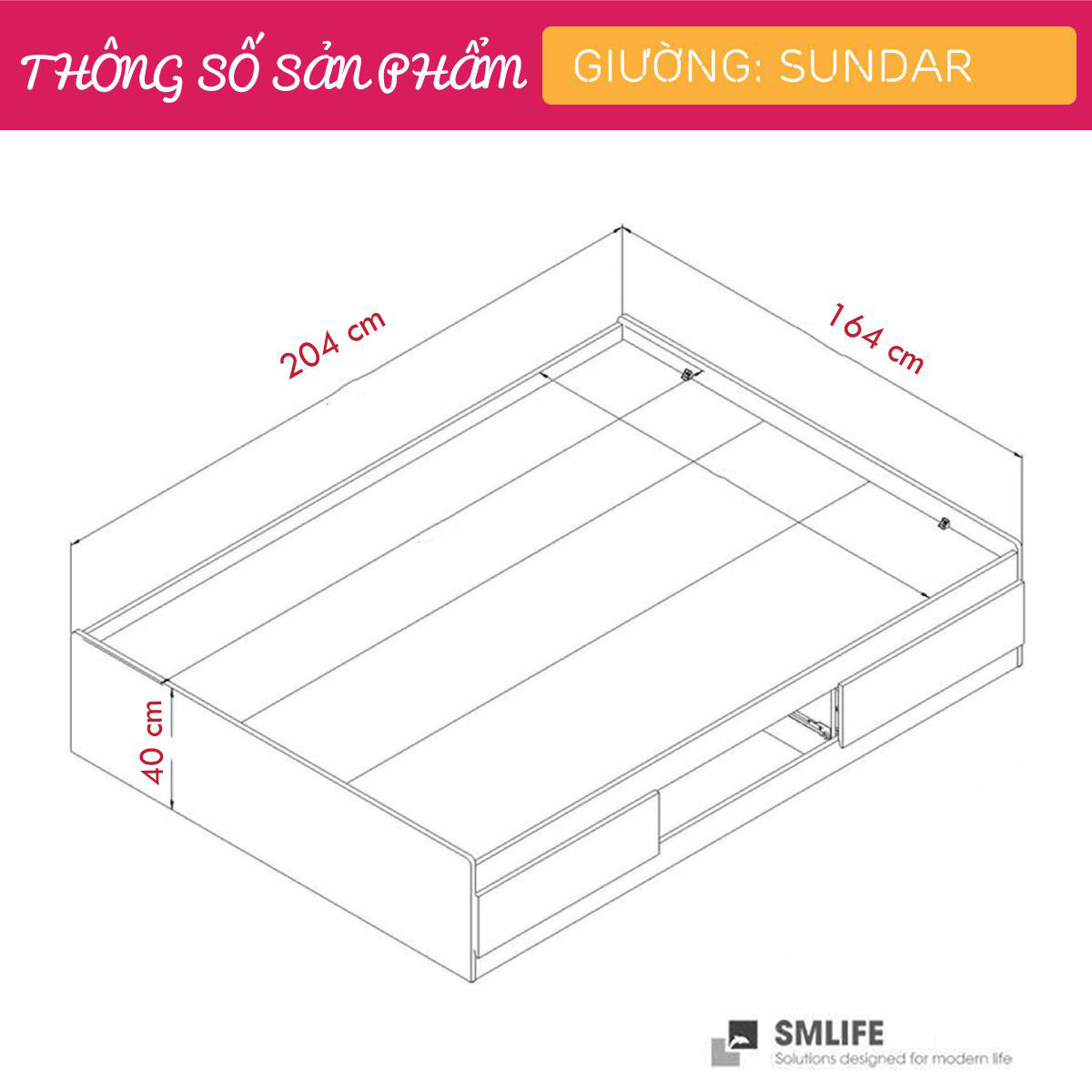 Giường ngủ gỗ hiện đại SMLIFE Sundar  | Gỗ MDF dày 17mm chống ẩm | D205xR165xC40cm