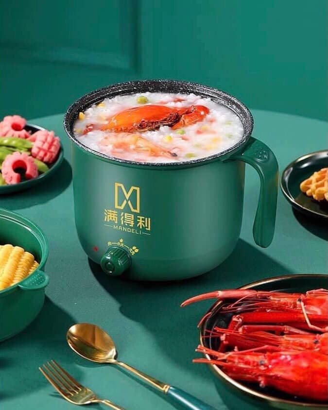 Ca lẩu điện thông minh 2 tầng kèm xửng hấp tiện lợi - Nồi chảo đa năng mini 1,8L màu xanh có tay cầm chống nóng, với 2 mức điều chỉnh nhiệt độ, dễ sử dụng hoặc cất gọn