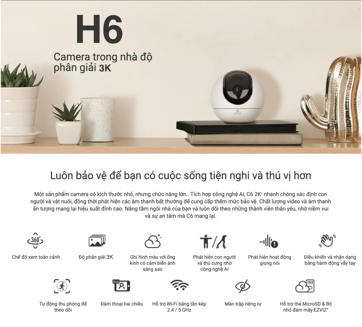 Camera wifi AI thông minh Ezviz H6 5MP 3K siêu nét, xoay 360 Độ, Đàm thoại 2 chiều - hàng chính hãng