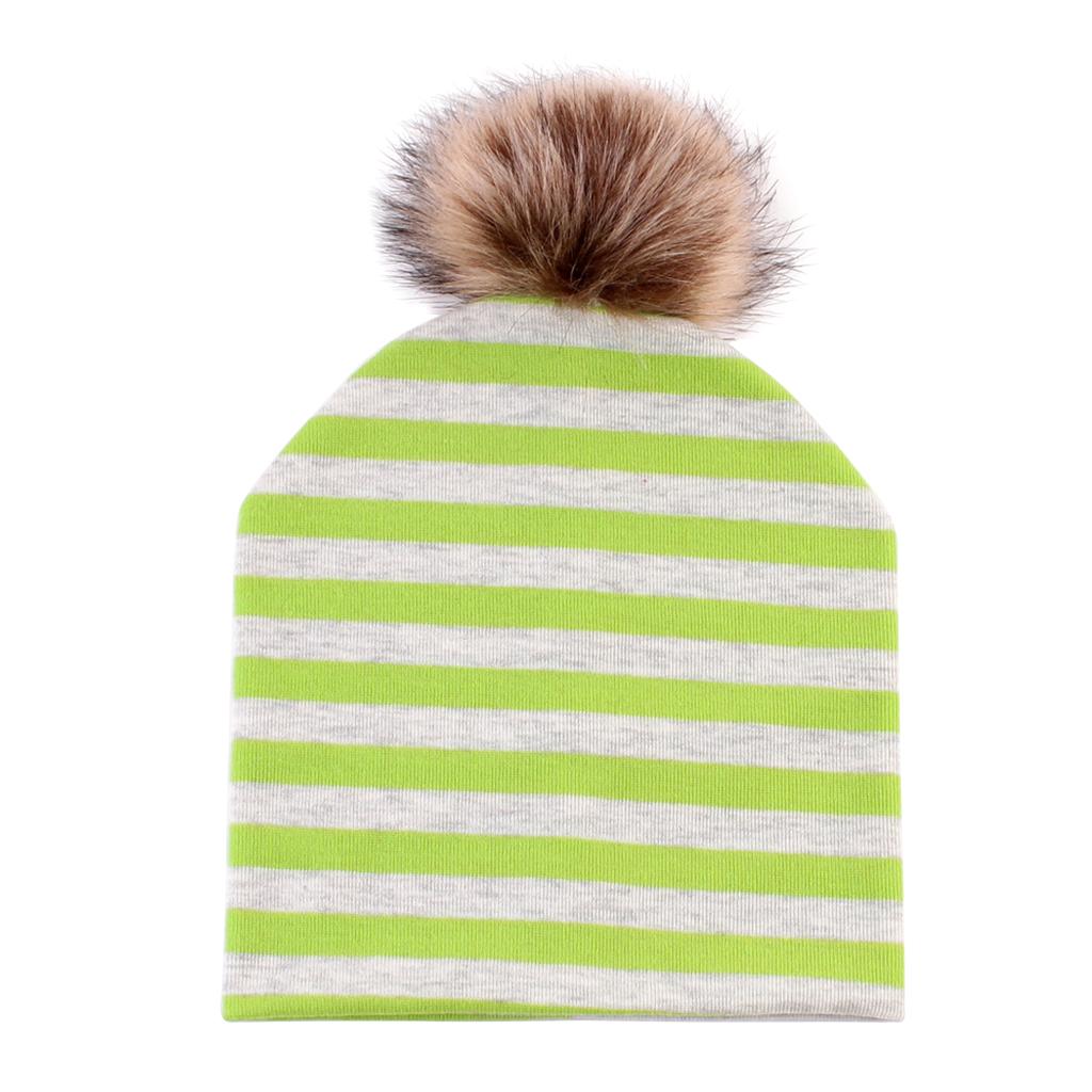 Baby Hat Faux Fur Baby Cap Cotton Pompom Bobble Hat for Kids  Green Stripe