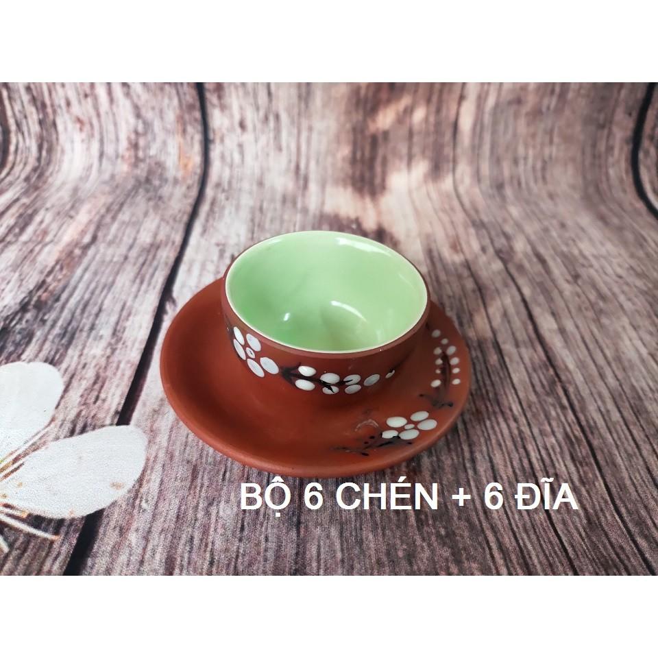 Bộ 6 chén gốm tử sa hoa đào có đĩa lót