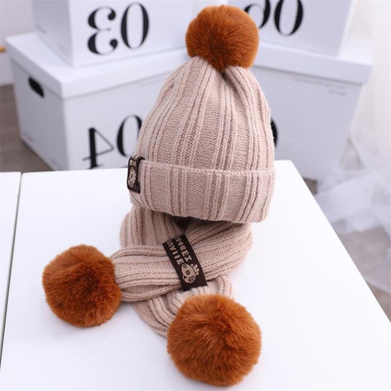 Trẻ Em Mũ Lông Thú Khăn Bé Gái Bé Trai Dày Cáp Đan Beanies Mũ 2 Bộ 2020 1-4T trẻ Em Giữ Ấm Mùa Đông Pom Pom Bộ Đội Khăn Chắc Chắn
