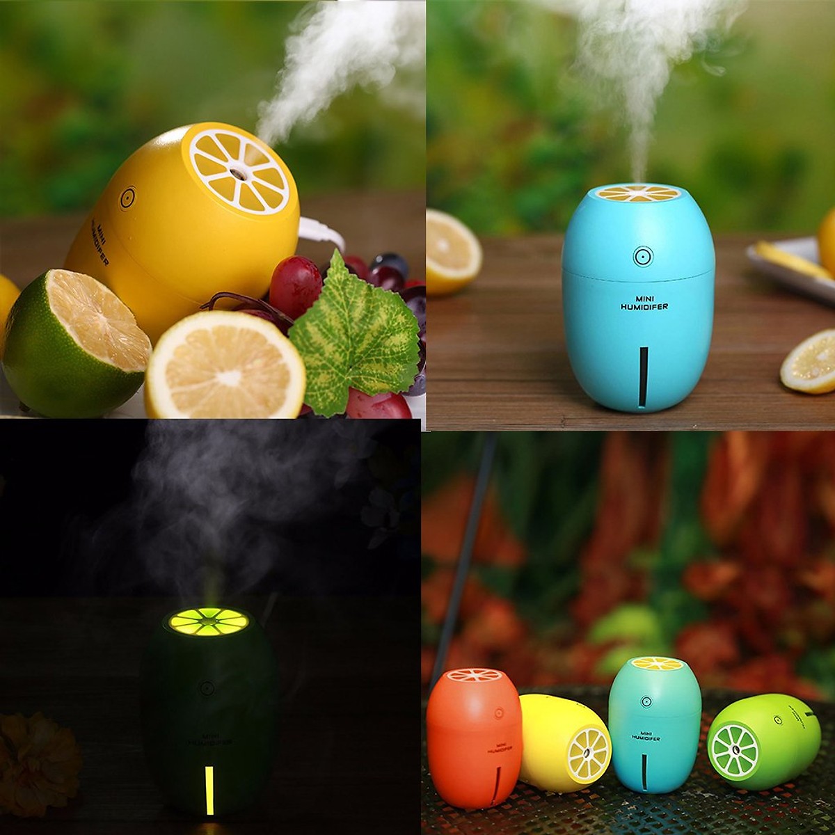 Máy phun sương tạo ẩm mini Humidifier hình trái chanh kiêm đèn ngủ - Màu xanh lá đậm