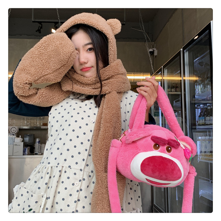Túi Gấu Dâu Lotso Size Lớn Dây Nhung, Túi Gấu Bông Gòn Đeo Chéo