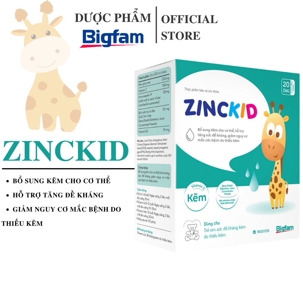 Bổ sung kẽm, tăng sức đề kháng ZINC KID Bigfam hộp 4 vỉ x 5 ống x 10ml