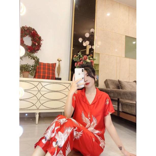 ️Có Quà Tặng️ Bộ Pijama Lụa Tay Ngắn Quần Dài Hình Hạc. Free size 40_60kg