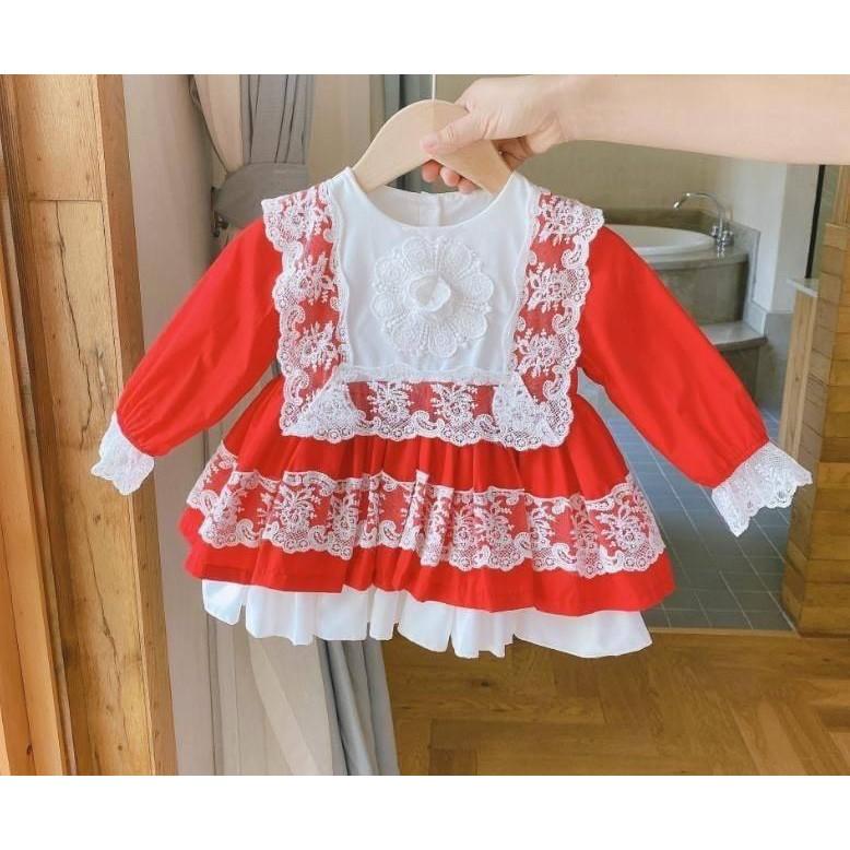 Đầm váy công chúa bé gái dài tay chất kate lụa phối ren màu đỏ cho bé từ 10kg đến 22kg