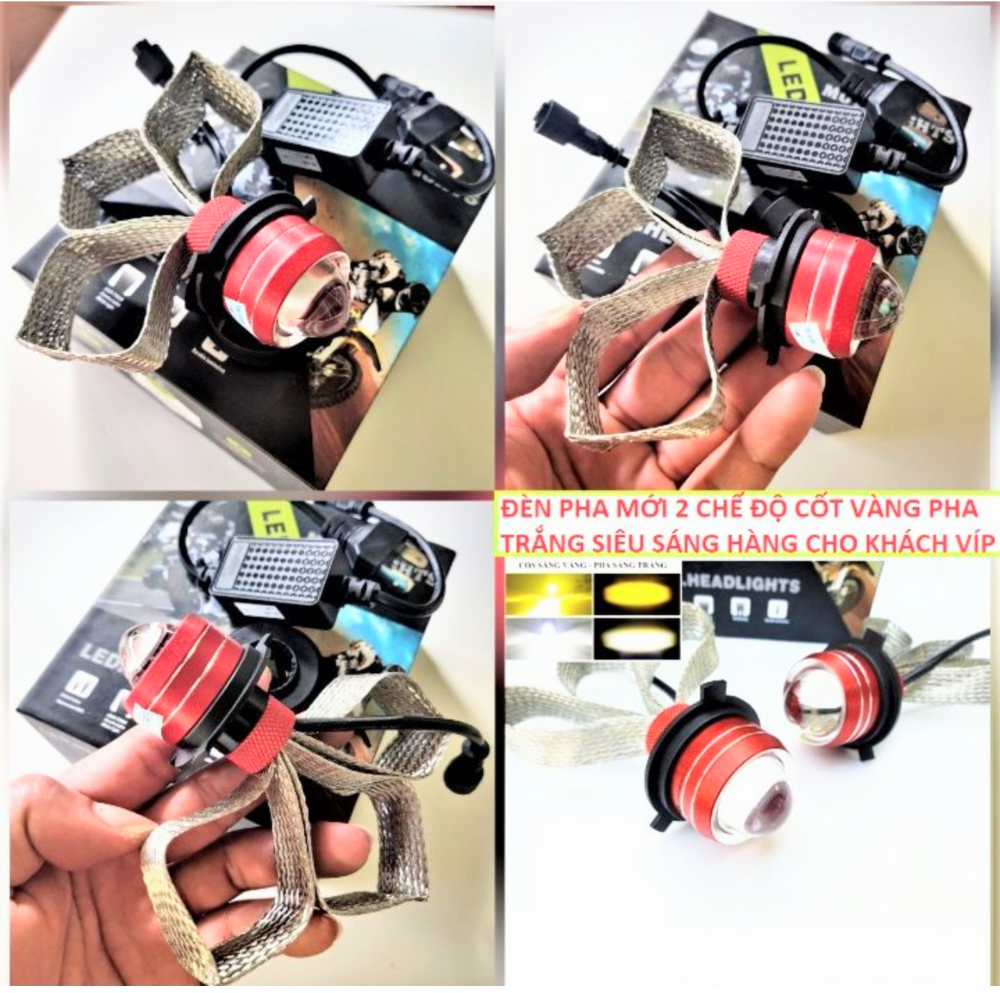 SIÊU SÁNG VỚI 1 BÓNG ĐÈN PHA BI CẦU VIỀN ĐỎ SÁNG PHA VÀNG CỐT TRẮNG MẪU MỚI LẮP XE MÁY XE HƠI ÔTÔ HÀNG CHUẨN