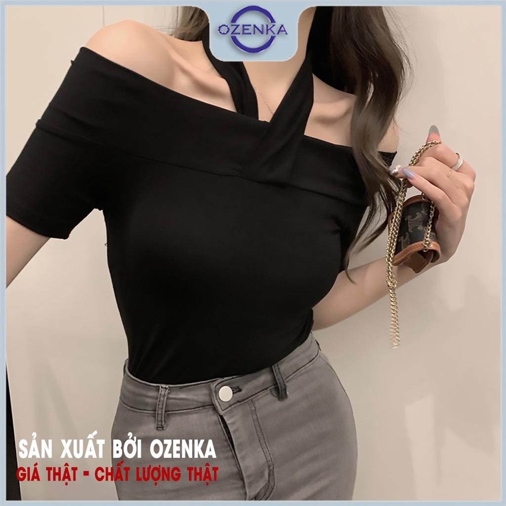 Áo croptop trễ vai tay ngắn ôm nữ Ozenka , áo crt kiểu cổ v thun cotton màu đen trắng dưới 55 cân