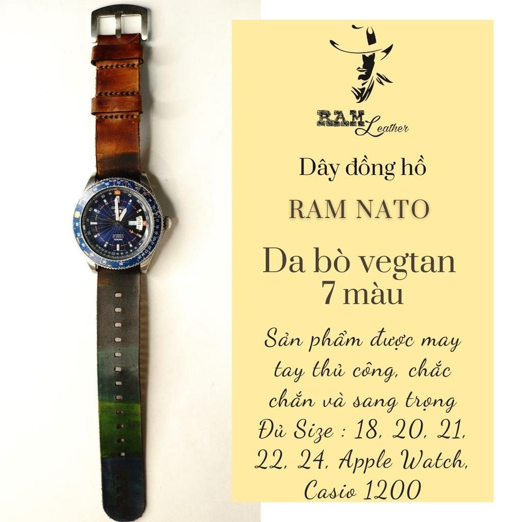 Dây đồng hồ da bò vegtan thảo mộc kiểu nato quân đội RAM Leather - tặng khóa chốt và cây thay dây