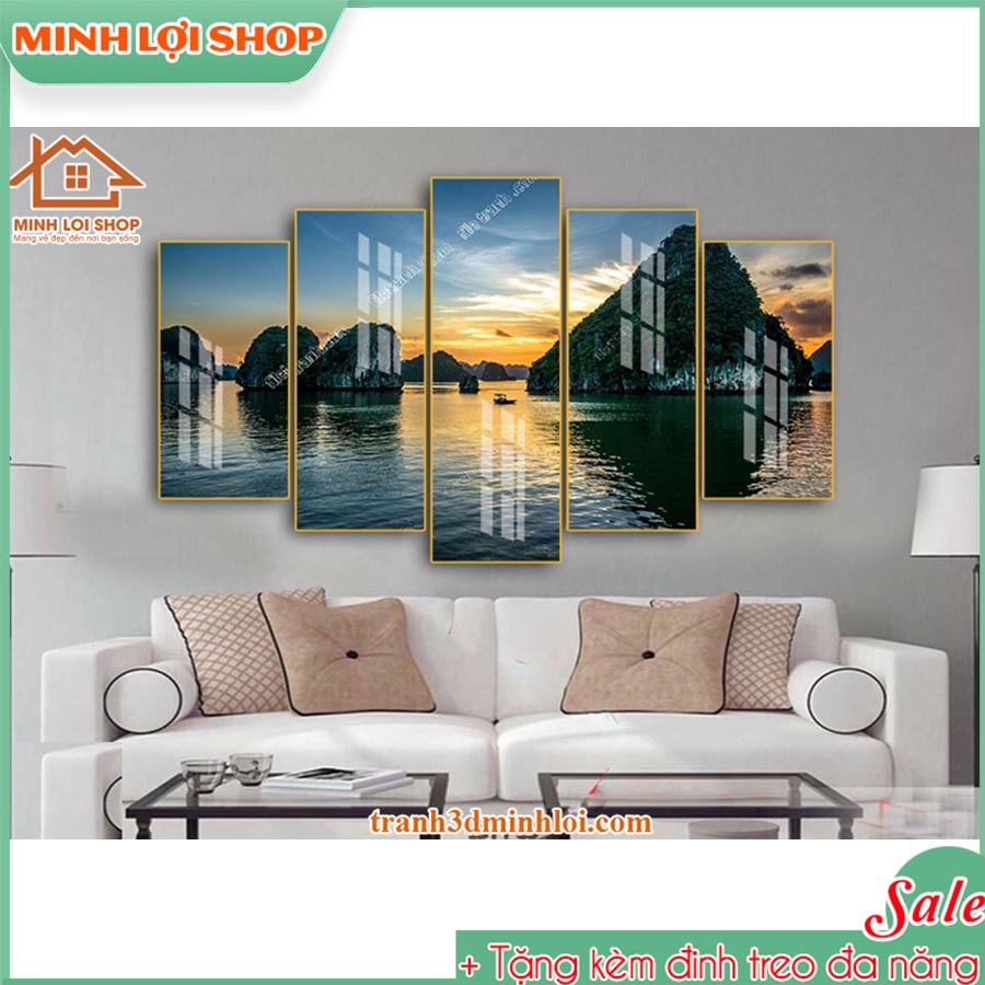 Tranh tráng gương pha lê PHONG CẢNH 5 tấm trang trí phòng khách hiện đại TẶNG KÈM ĐINH TREO 5T05