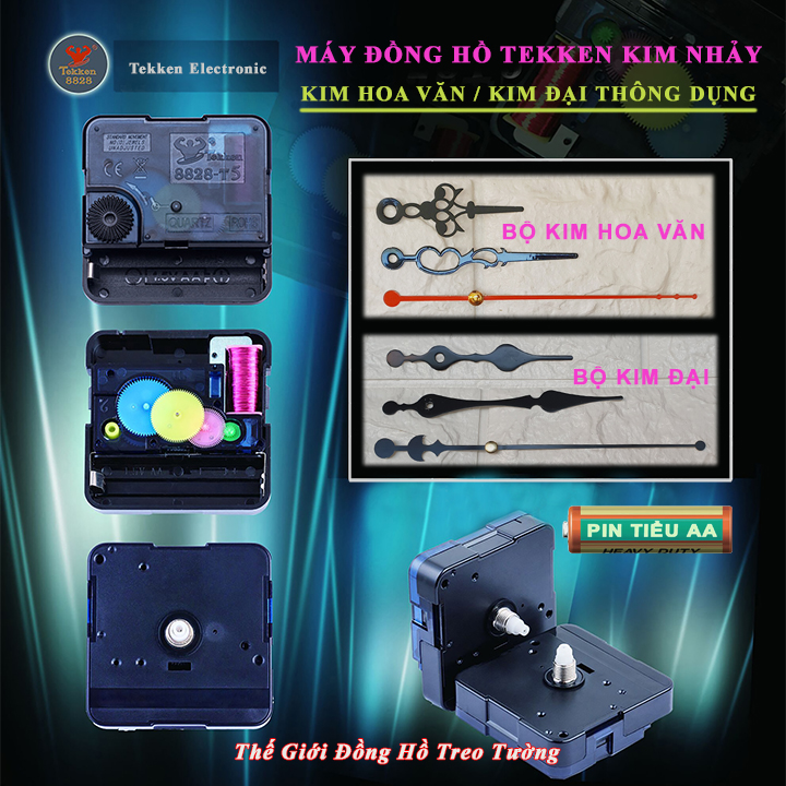 Máy Đồng Hồ Treo Tường Cao Cấp TEKKEN Kim Nhảy - Bộ Kim HOA VĂN hoặc KIM ĐẠI - Pin Tiểu AA Vỏ Nhôm - Bảo Hành 1 Năm