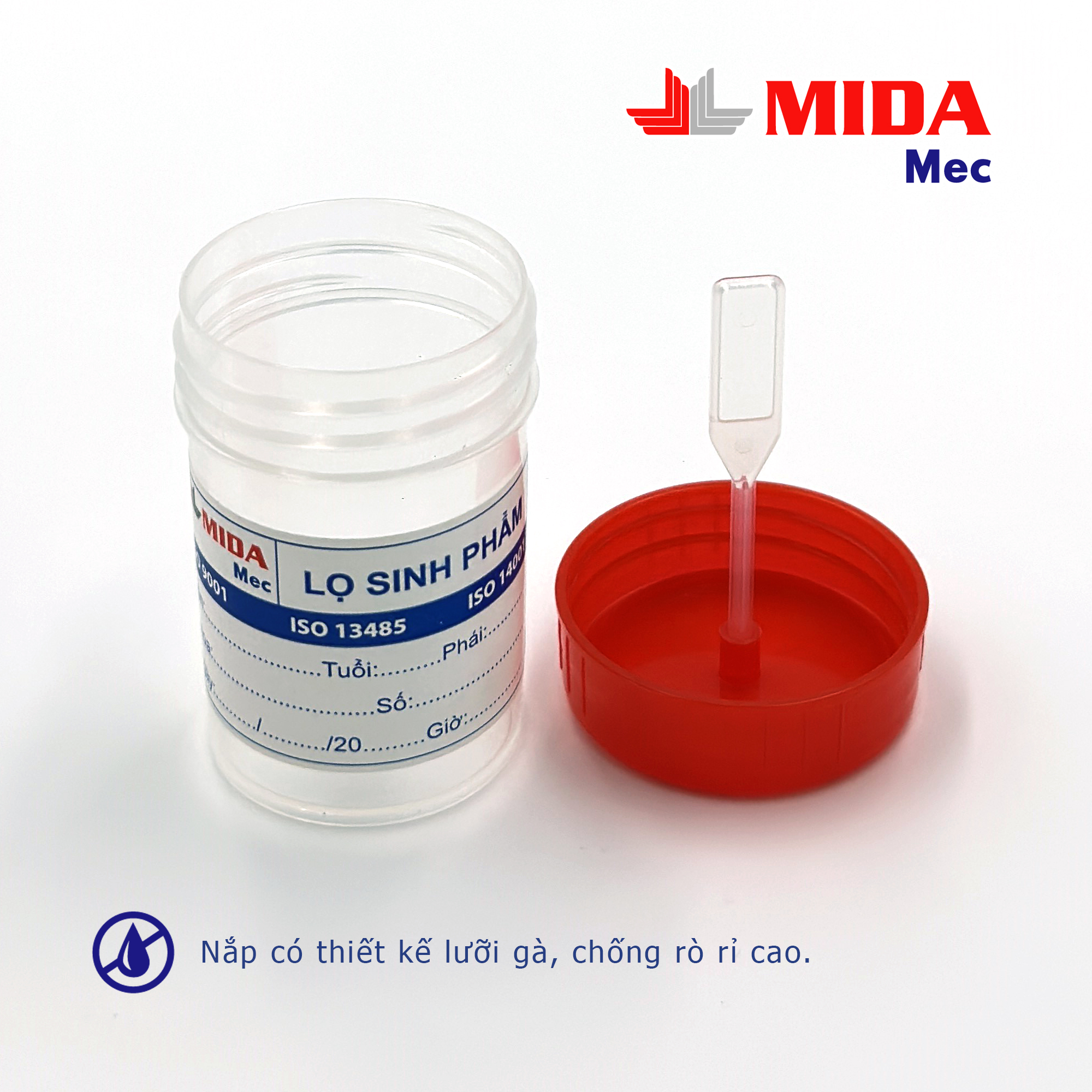 Lọ đựng bệnh phẩm MidaMec có gá 40ml PP đóng gói 100 lọ/bao - Nắp Đỏ