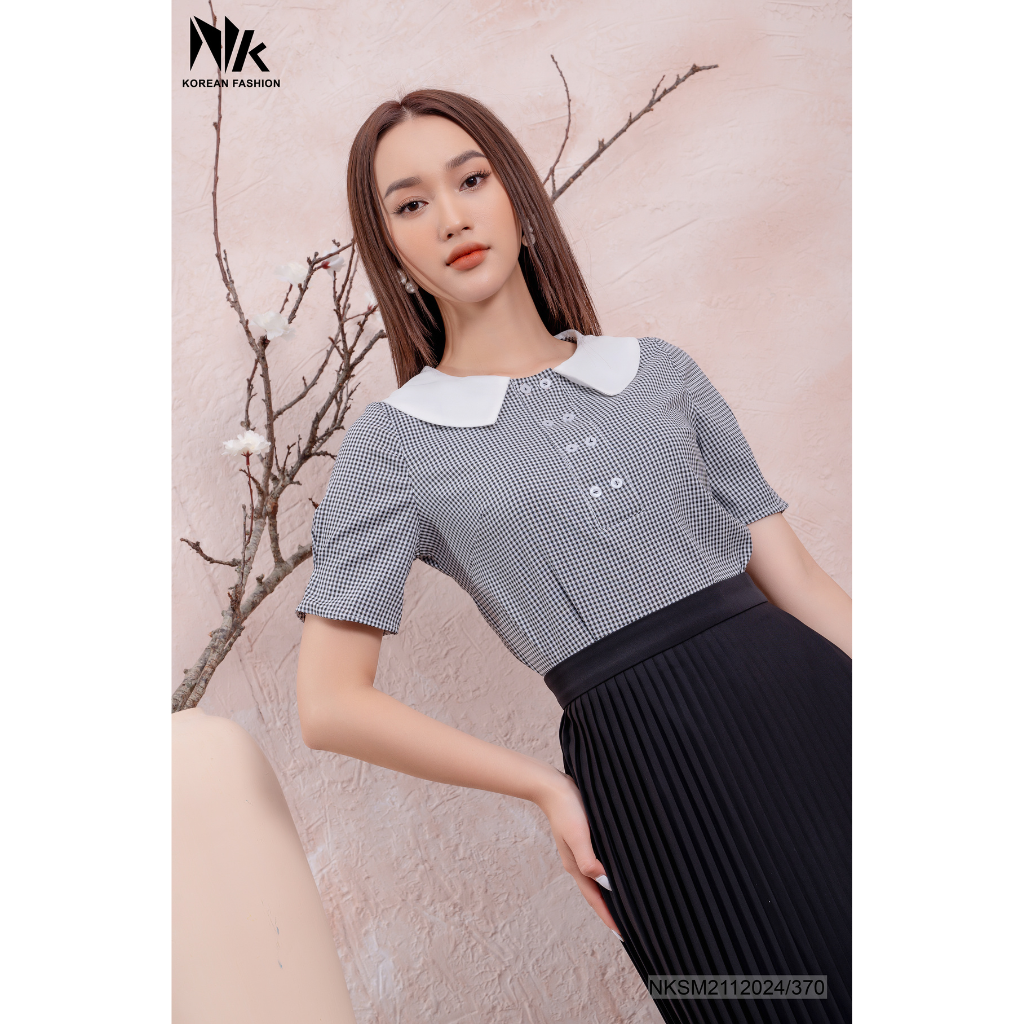 Áo Sơ Mi Nữ Cổ Sen Tay Ngắn NK FASHION Hoạ Tiết Kẻ Caro, Phong Cách Công Sở Mã NKSM2112024