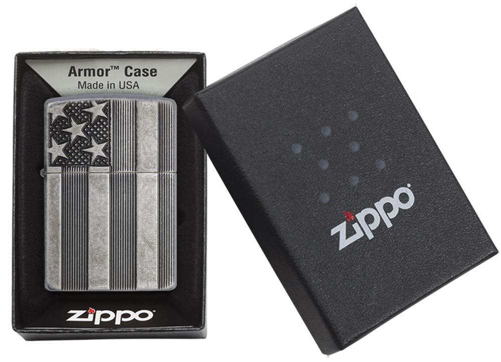 Bật Lửa Zippo Armor US Flag Antique Silver Plate 28974