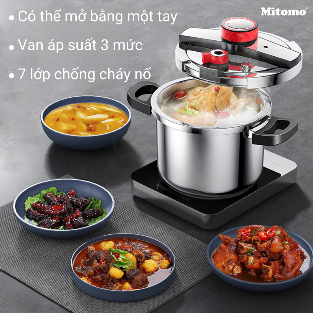 Nồi áp suất inox đáy từ cao cấp Mitomo 304AEU, nấu trên mọi loại bếp - Hàng chính hãng bảo hành 12 tháng
