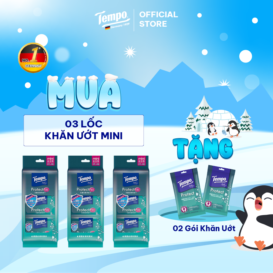 [MUA 3 LỐC TẶNG 2 GÓI KHĂN ƯỚT PROTECT] Khăn Uớt Mini Tempo Protect Ngăn Ngừa Vi Khuẩn cao cấp - Diệt khuẩn 99% - Thương hiệu Đức