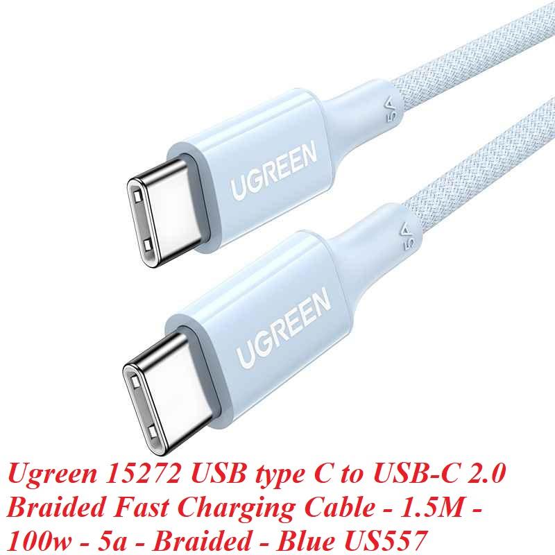 Ugreen UG15272US557TK 100W 1.5M hỗ trợ QC4.0 5A Cáp sạc nhanh - truyền dữ liệu 2 đầu USB-C c-c dây bọc dù Màu Xanh - HÀNG CHÍNH HÃNG