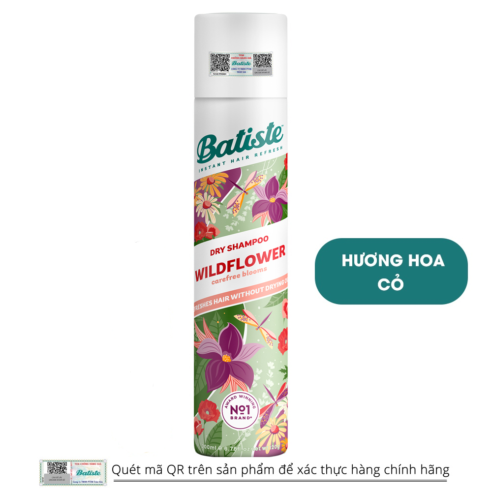 Dầu Gội Khô Batiste Hương Hoa Cỏ Nữ Tính, Tươi Mát - Batiste Dry Shampoo Fresh &amp; Feminine Wildflower 200ml