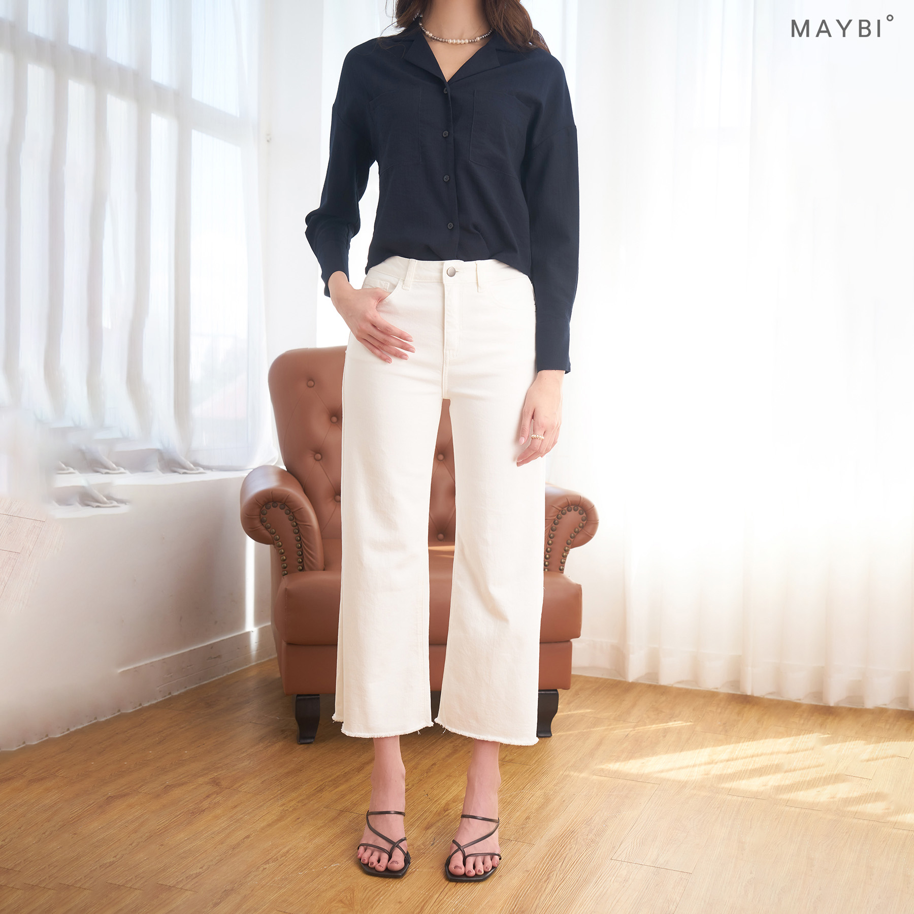 MAYBI - Quần culotte khaki thun trắng