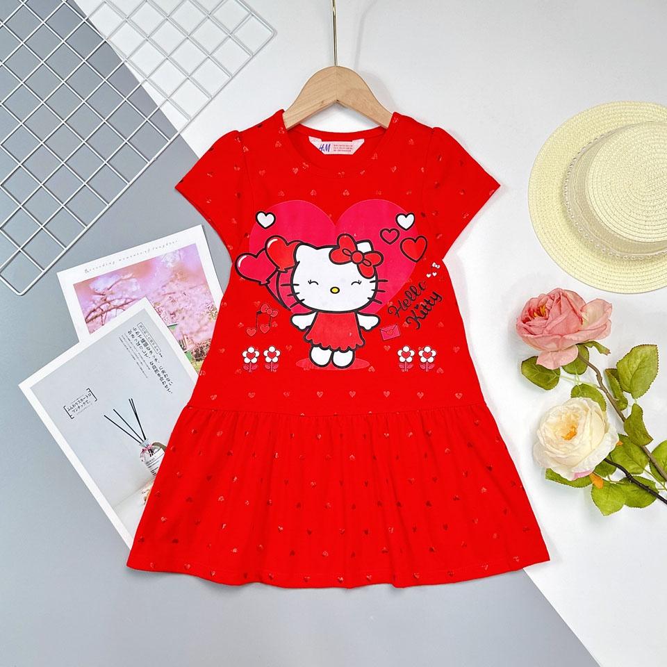 Đầm thun cotton in kitty trái tim và bong bóng dễ thương cho bé gái