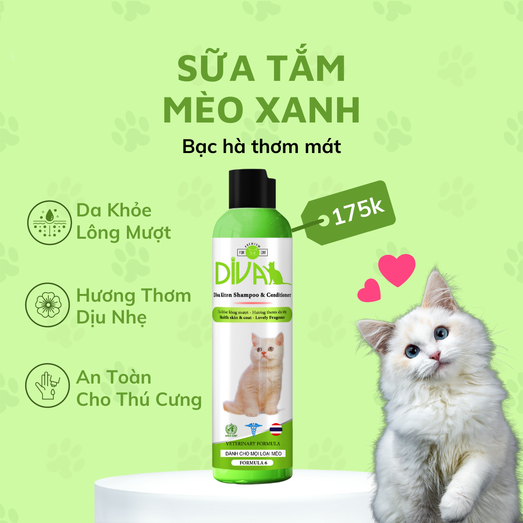 Sữa Tắm Giảm Rụng Lông Cho Mèo, Sữa Tắm Chăm Sóc Lông Mèo Diva Xanh