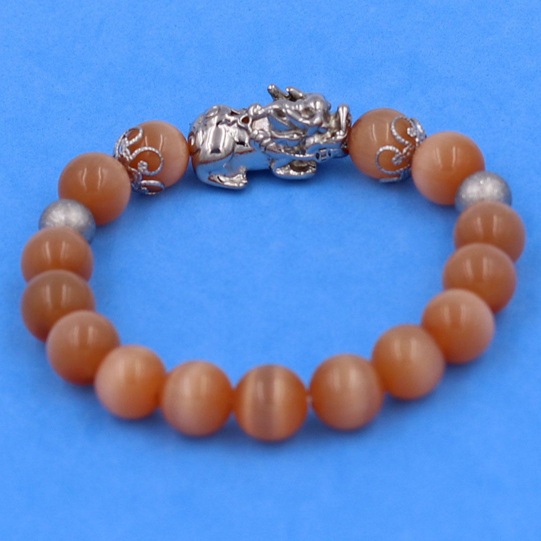 Vòng chuỗi đeo tay đá mắt mèo hồng cam 10 ly charm tỳ hưu inox, bi inox, khía bông inox, vòng tay phong thuỷ, vòng tay tỳ hưu