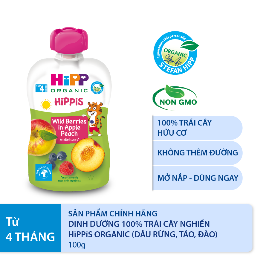 Dinh dưỡng 100% Trái cây nghiền Organic HiPPiS Dâu rừng, Táo, Đào