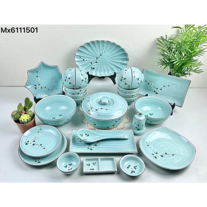 Set bát đĩa men ngọc 23- 25 món. Gốm sứ Bát Tràng cao cấp.