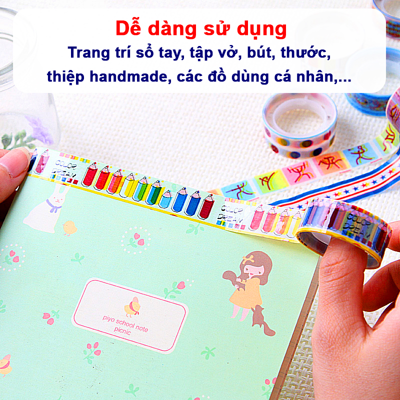 Set 10 cuộn băng keo trang trí đủ họa tiết hoạt hình nhiều màu sắc đáng yêu – H023