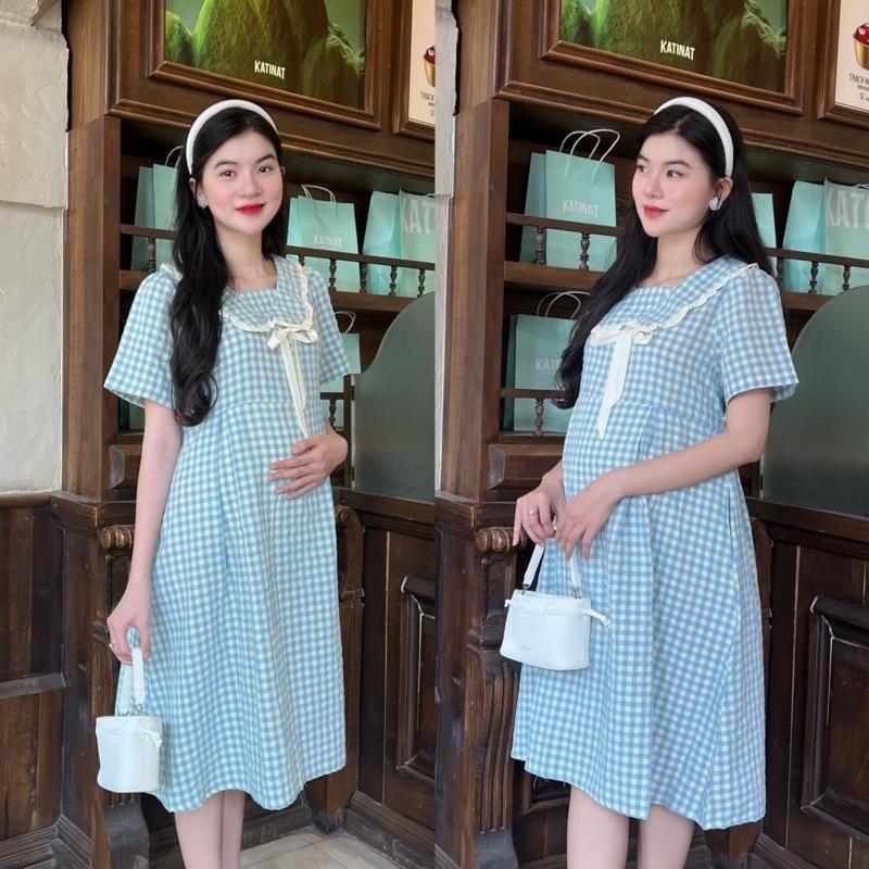 Đầm bầu Karo xếp ly cổ viền bèo xinh xắn, nhẹ nhàng baby nhẹ nhàng đáng yêu - Nâu