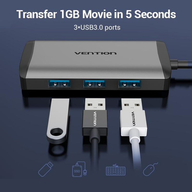 CÁP CHUYỂN ĐỔI TỪ USB 3.0 SANG LAN +3 CỔNG USB 3.0 VENTION CKBHB