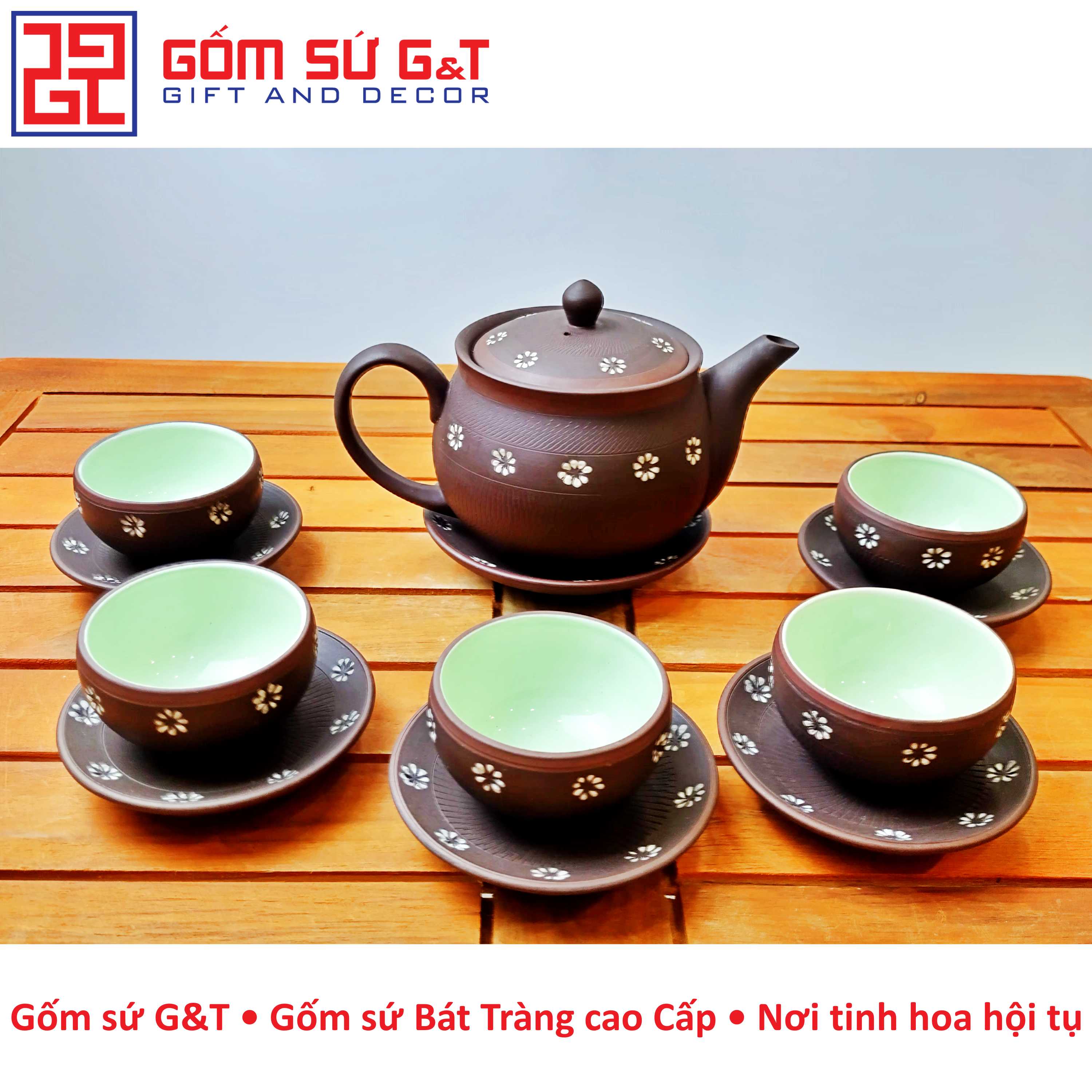 Bộ trà nâu hoa trắng Gốm Sứ G&T