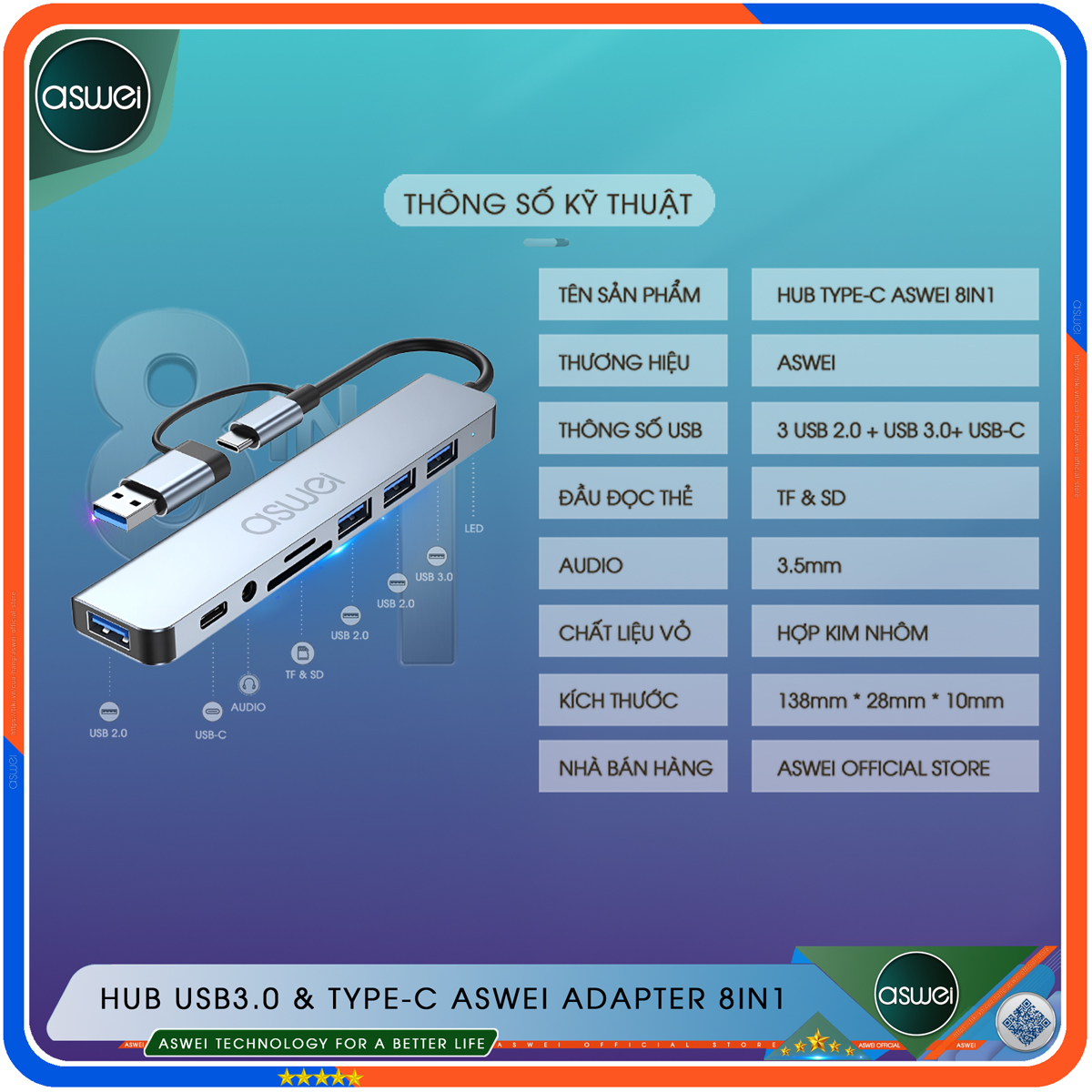 Hub Type C Và Hub USB ASWEI 8 in 1 To USB 3.0, SD, TF, USB C, Audio 3.5 - Hàng Chính Hãng