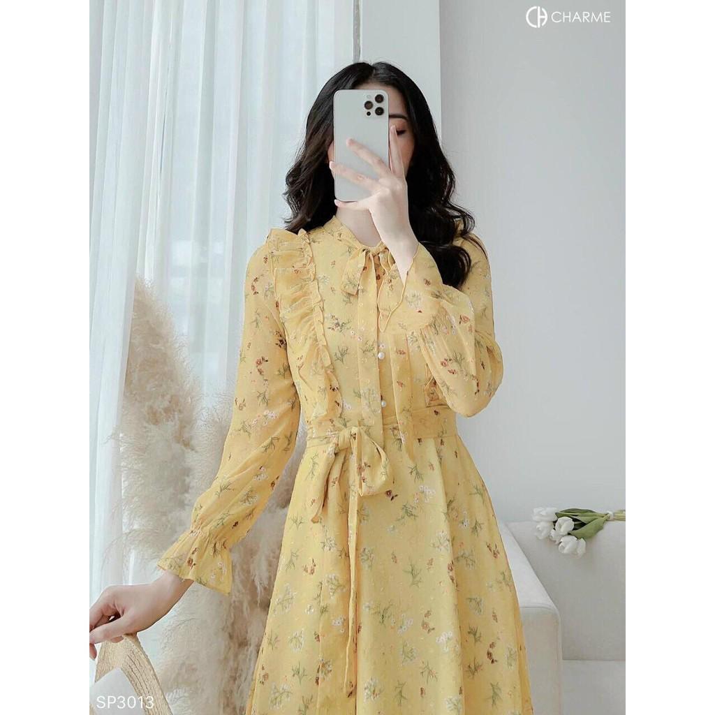 Đầm dáng xòe cột nơ bèo tay dài thời trang cao cấp - Chất voan mền , mặc mát