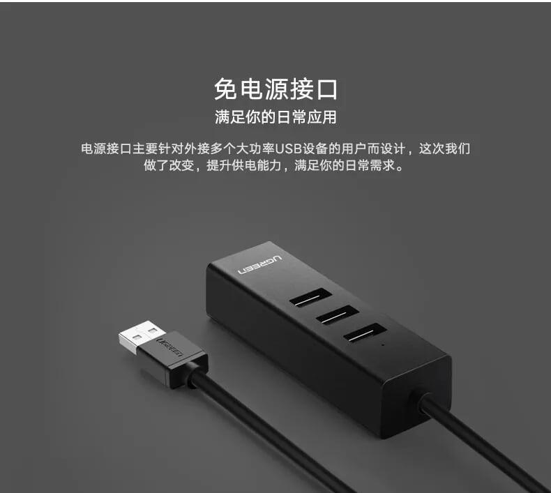 Ugreen UG30298CR129TK 30CM màu Đen HUB chuyển đổi USB 2.0 sang 3 USB 2.0 + LAN tốc độ 100Mbps - HÀNG CHÍNH HÃNG