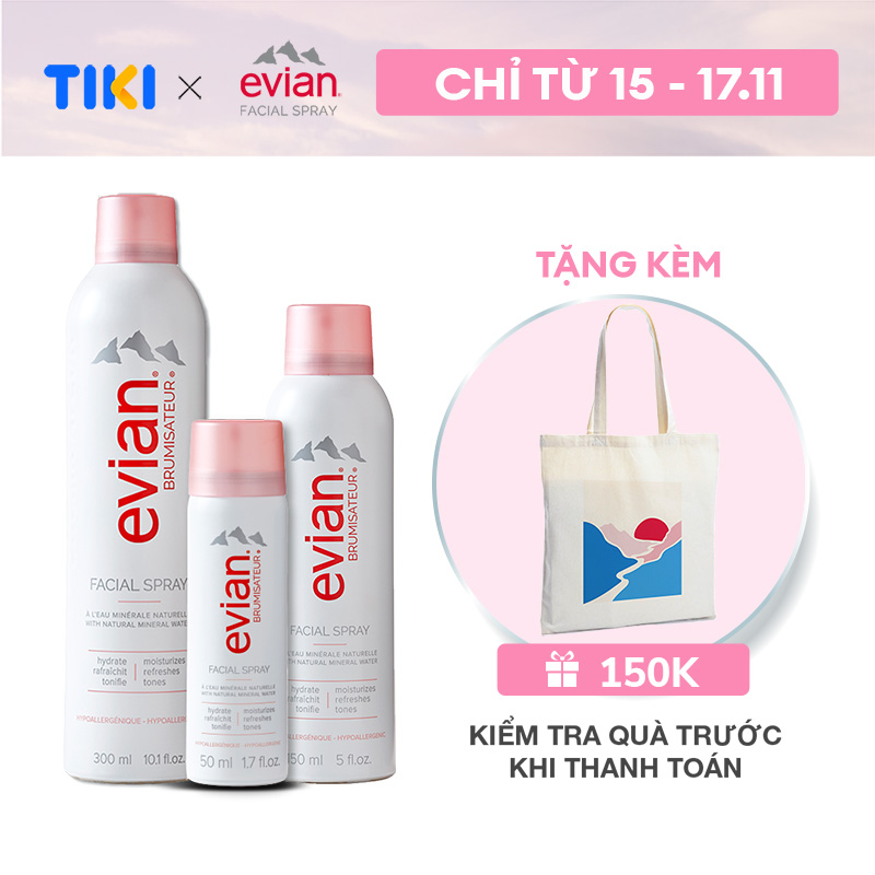 Combo 3 xịt khoáng cấp ẩm và làm dịu da Evian 300ml + 150ml + 50ml