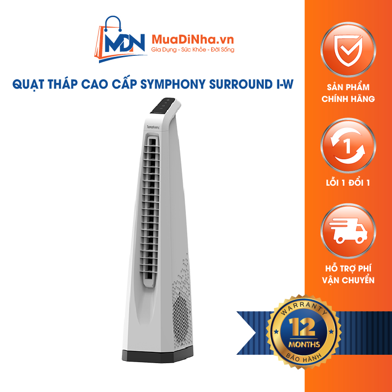 Quạt tháp Symphony Surround i-W màu trắng nhập khẩu Ấn Độ 75W điều khiển từ xa hẹn giờ lọc bụi - Hàng chính hãng