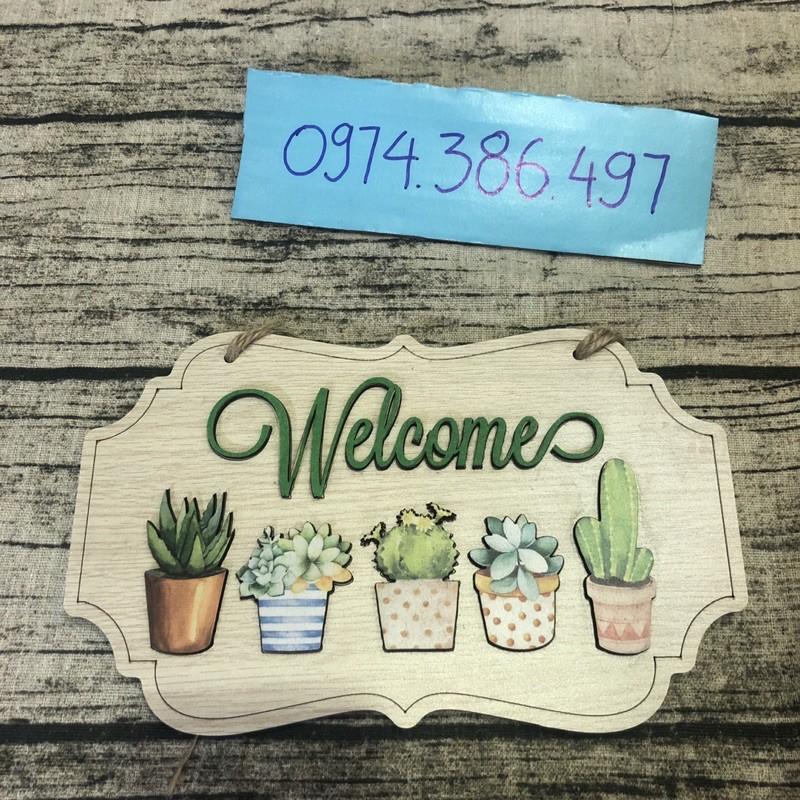 Bảng gỗ treo trang trí welcome vườn cây xương rồng màu xanh đẹp mắt
