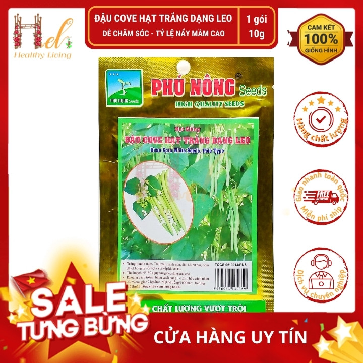PN - Hạt Giống Đậu Cove Hạt Trắng Dạng Leo 4 Mùa 10Gr - Trồng Rau Xanh Rau Sạch Bằng Đất Sạch, Mùn Dừa, Phân Bón Hữu Cơ