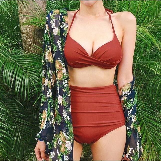 Đồ Bơi Nữ 2 Mảnh Xoắn Ngực Nhiều Màu, Set Bikini Quần Cạp Cao Nhún Che Bụng - OS025