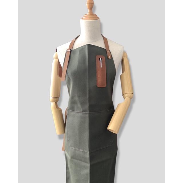 Tạp dề pha chế vải canvas dây da của Junsleather phối da bò cao cấp dành cho Barista/Bartender quán cà phê