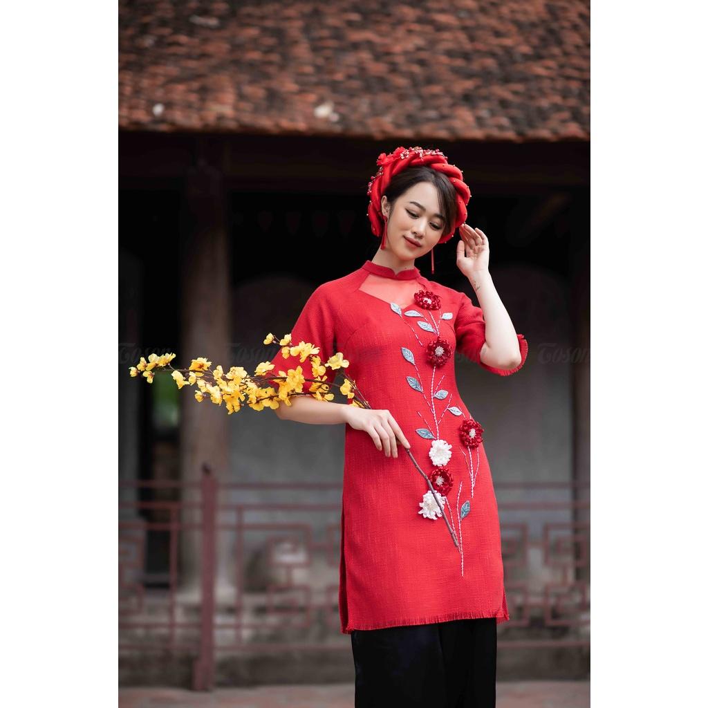 Bộ áo dài tafta, cổ tàu, đính hoa duy băng trang trí - TOSON - B4971D040