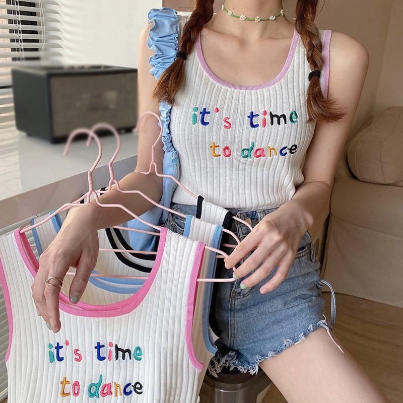 Áo Hai Dây Dệt Kim Thêu Chữ Phong Cách Hàn Quốc Cho Nữ