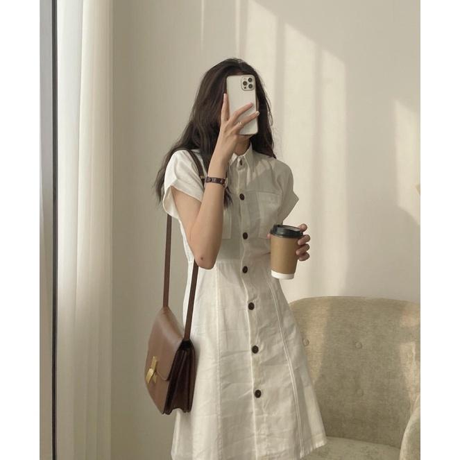 Váy sơ mi dài FORYOU đầm cổ đức cúc giữa 3 màu be, trắng, đen mặc đi làm, đi chơi - VN0076