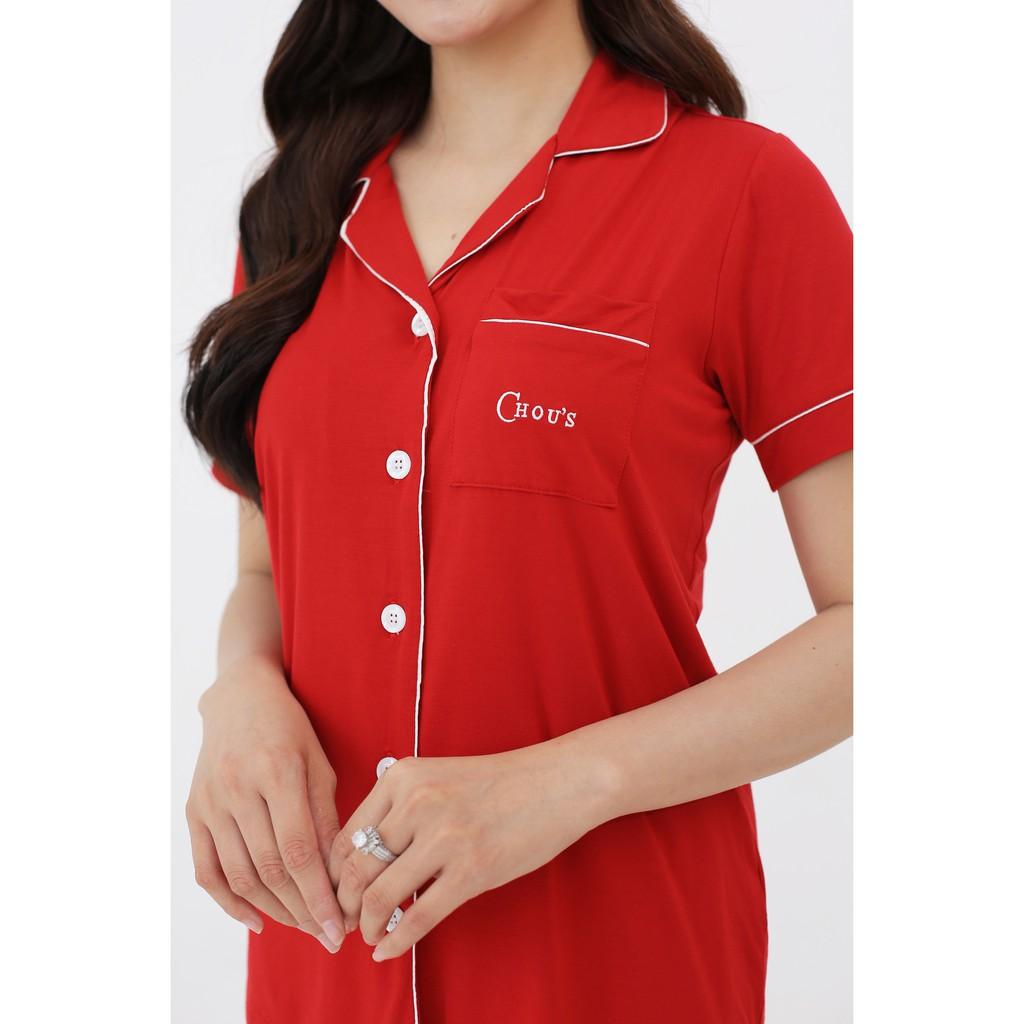 Pyjama nữ cộc tay vải bamboo tự cao cấp Chou's - màu đỏ đô