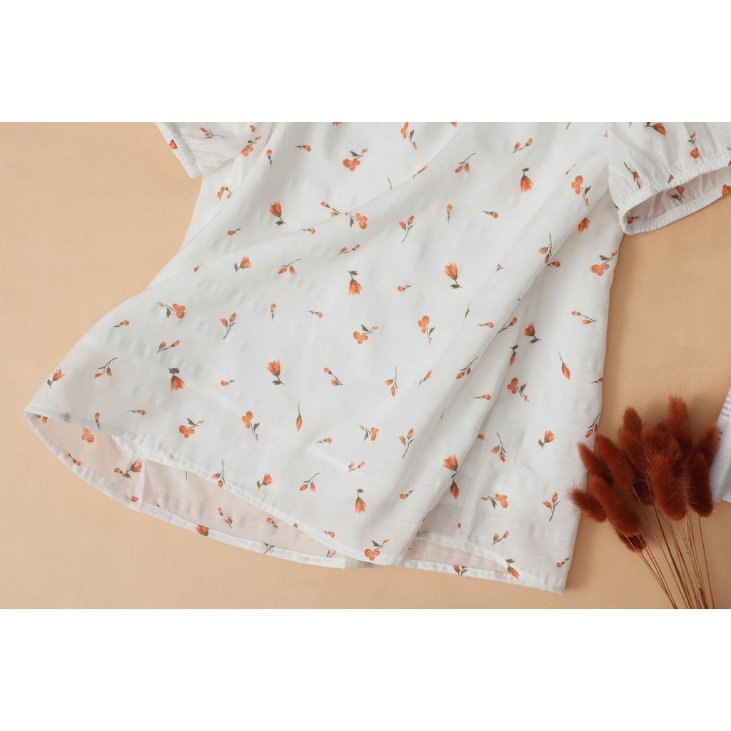 Áo tơ cotton cổ V KACHISA phối bèo họa tiết hoa